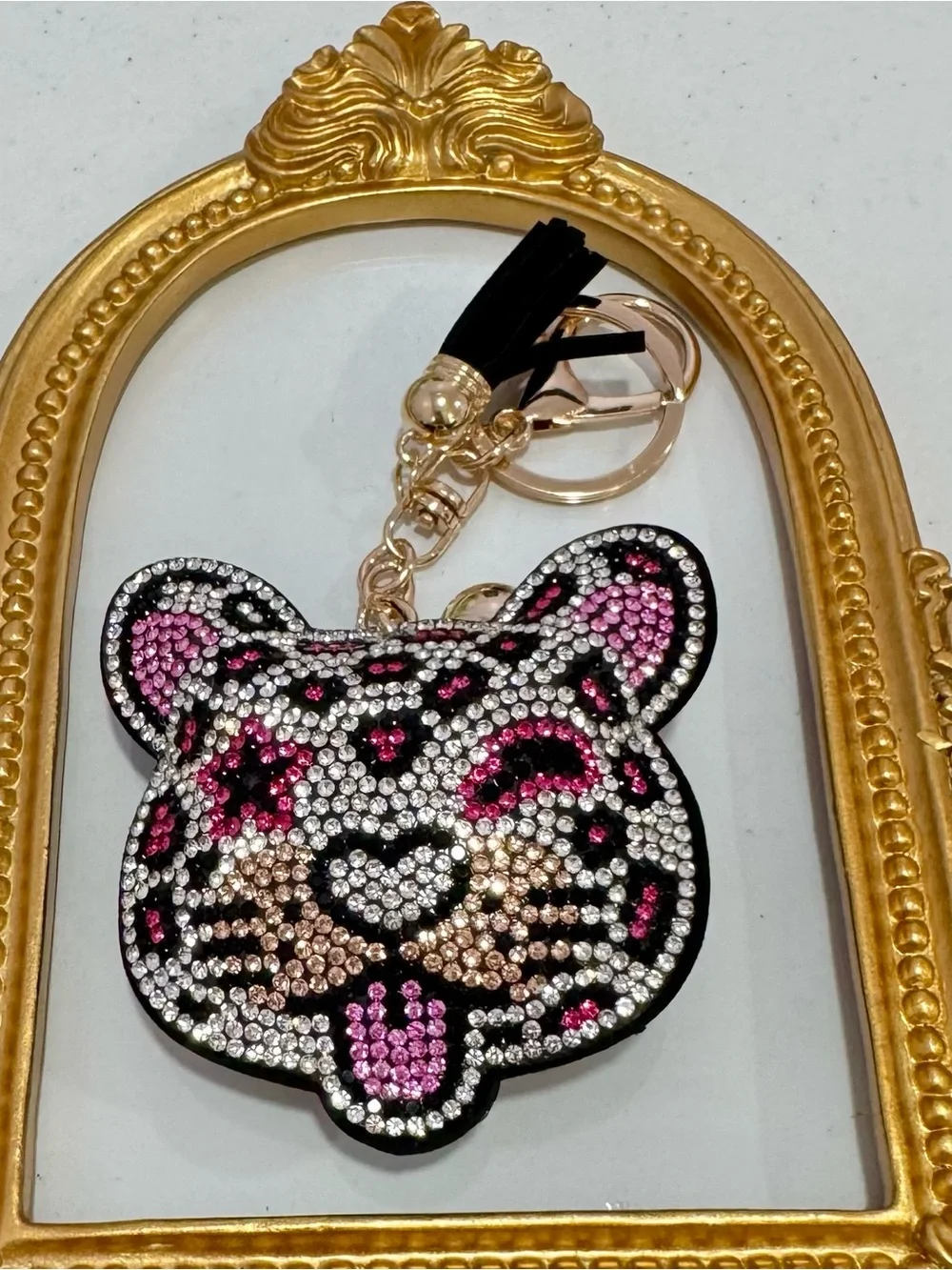 New White Crystal Leopard Face Keychain